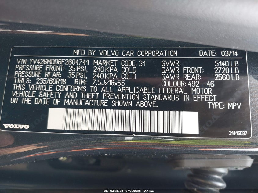 2015 Volvo Xc60 VIN YV426MDD6F2604741 IAAI salvage auction — LEFT REAR, Wait Title, sold $25 on 2026-08-18 (photo 9)