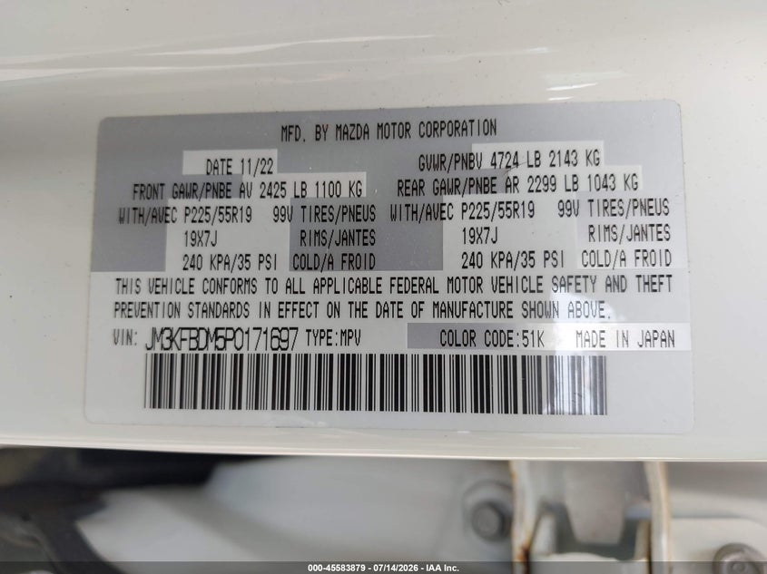 2023 Mazda Cx-5 VIN JM3KFBDM5P0171697 IAAI salvage auction — FRONT END, Salvage Title, sold $7,100 on 2026-07-29 (photo 9)
