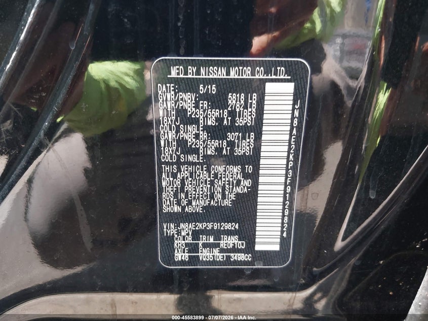 2015 Nissan Quest VIN JN8AE2KP3F9129824 IAAI salvage auction — NORMAL WEAR, Salvage Title, sold $1,050 on 2026-07-14 (photo 9)