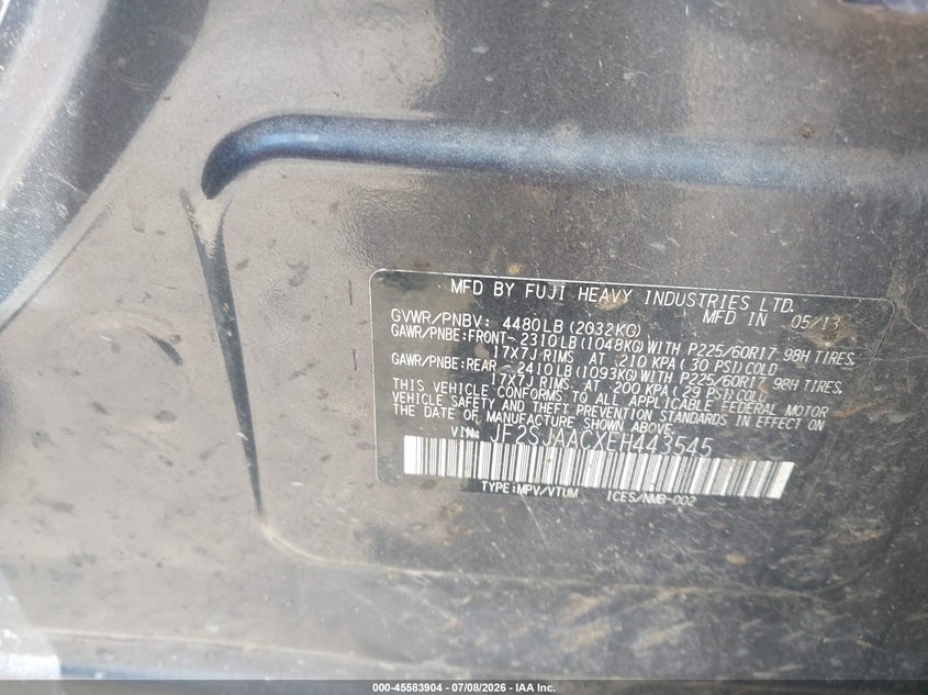 2014 Subaru Forester VIN JF2SJAACXEH443545 IAAI salvage auction — NORMAL WEAR, Clear (Kansas), sold $550 on 2026-07-29 (photo 9)