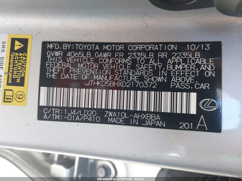 2013 Lexus Ct VIN JTHKD5BHXD2170372 IAAI salvage auction — NORMAL WEAR, Salvage Title, sold $2,500 on 2026-07-16 (photo 9)
