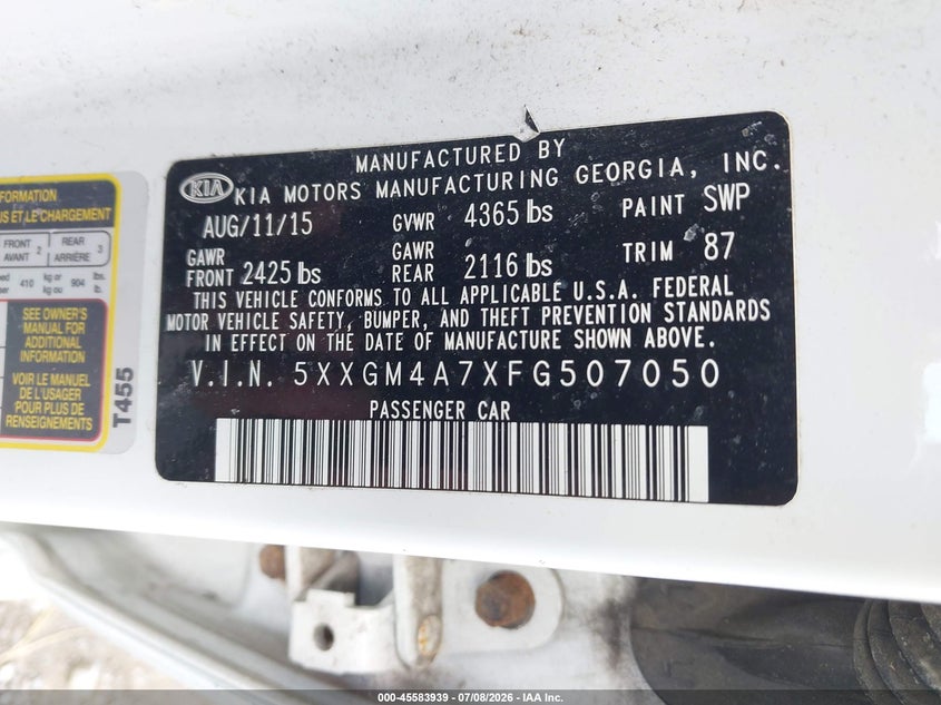 2015 Kia Optima VIN 5XXGM4A7XFG507050 IAAI salvage auction — NORMAL WEAR, Clear (New York), sold $400 on 2026-07-28 (photo 9)