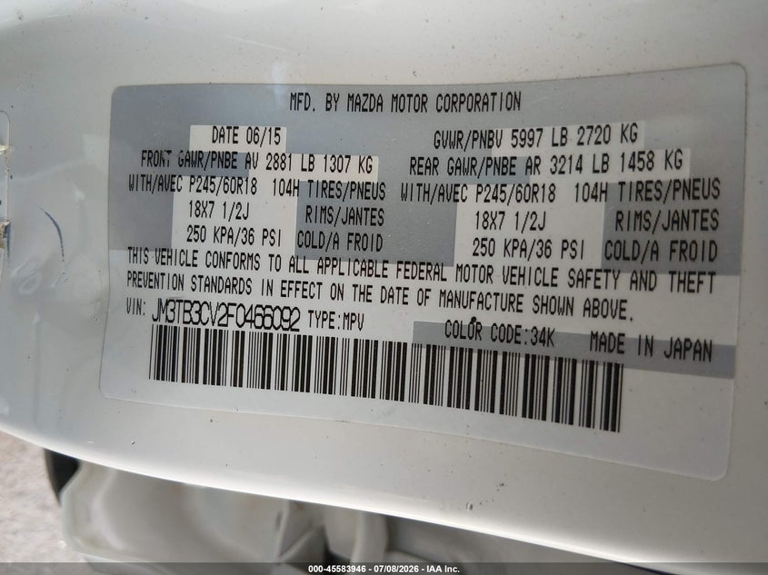 2015 Mazda Cx-9 VIN JM3TB3CV2F0466092 IAAI salvage auction — REAR END, Salvage (Arizona), sold $2,000 on 2026-07-30 (photo 9)