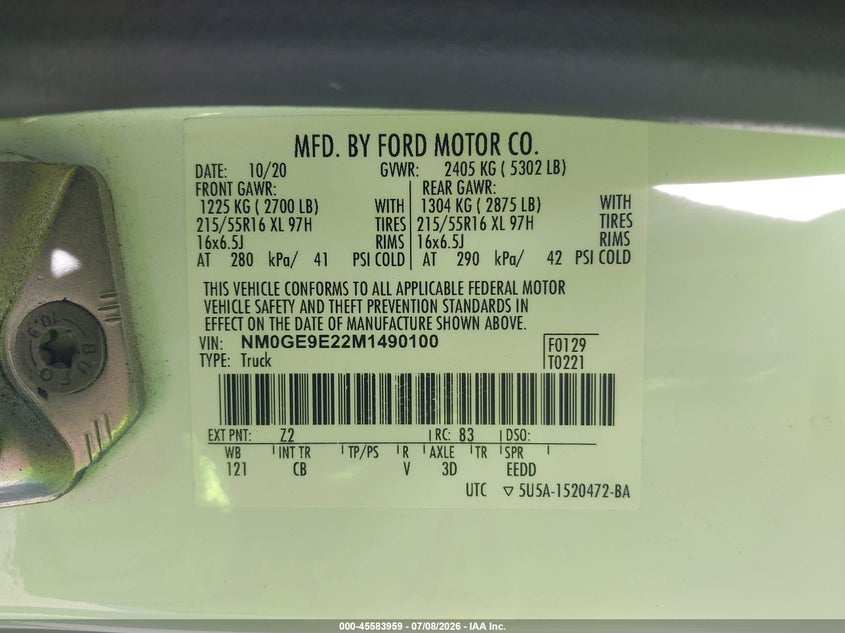2021 Ford Transit connect VIN NM0GE9E22M1490100 IAAI salvage auction — NORMAL WEAR, Sf97 (Texas), sold $12,000 on 2026-09-01 (photo 9)