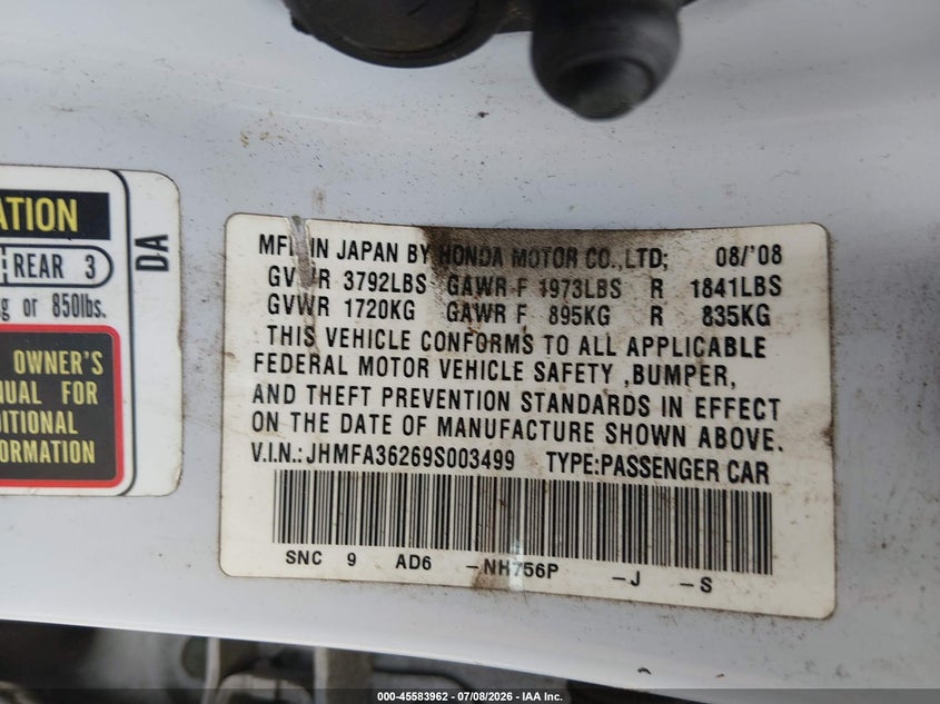 2009 Honda Civic hybrid VIN JHMFA36269S003499 IAAI salvage auction — NORMAL WEAR, Clear (Washington), sold $525 on 2026-07-22 (photo 9)