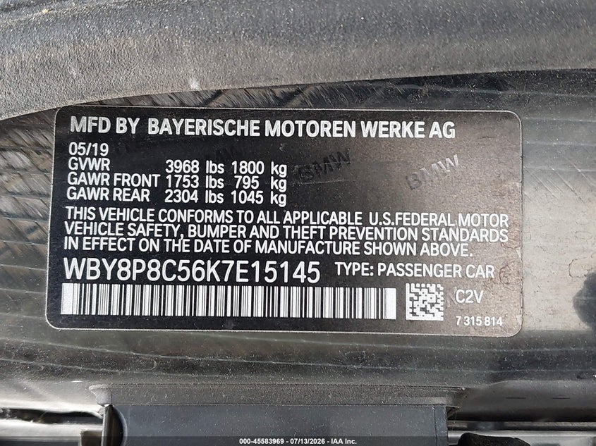 2019 BMW I3 VIN WBY8P8C56K7E15145 IAAI salvage auction — LEFT FRONT, Salvage Title, sold $4,700 on 2026-07-29 (photo 9)