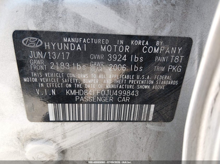 2018 Hyundai Elantra VIN KMHD84LF0JU499843 IAAI salvage auction — FRONT END, Salvage (California), sold $700 on 2026-07-28 (photo 9)