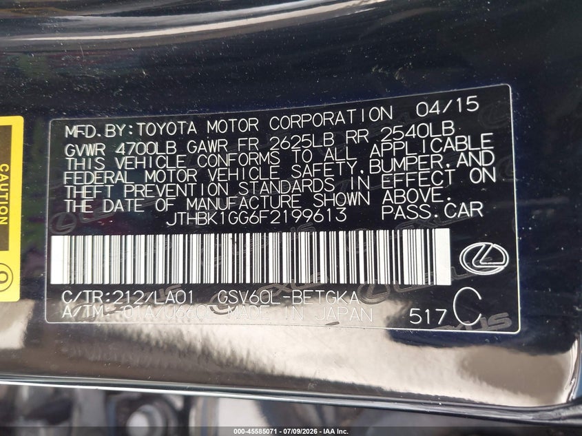 2015 Lexus ES VIN JTHBK1GG6F2199613 IAAI salvage auction — NORMAL WEAR, Original (Texas), sold $3,850 on 2026-07-28 (photo 9)