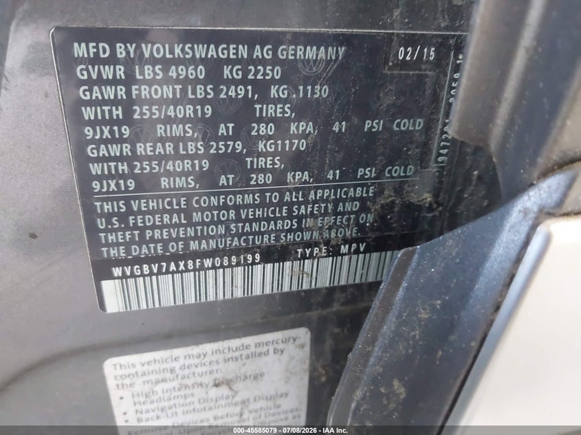 2015 Volkswagen Tiguan VIN WVGBV7AX8FW089199 IAAI salvage auction — NORMAL WEAR, Clear (New York), sold $400 on 2026-07-15 (photo 9)