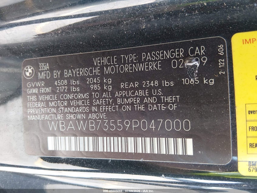 2009 BMW 3 series VIN WBAWB73559P047000 IAAI salvage auction — NORMAL WEAR, Clear (South Carolina), sold $900 on 2026-07-29 (photo 9)