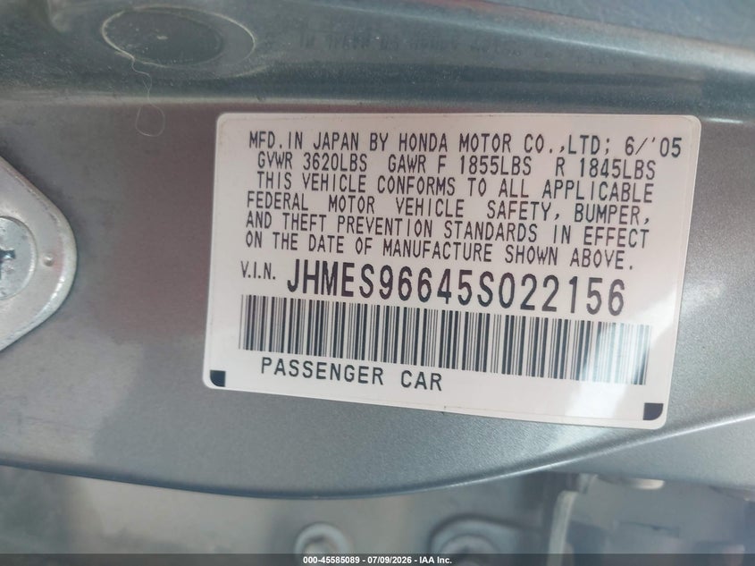 2005 Honda Civic hybrid VIN JHMES96645S022156 IAAI salvage auction — NORMAL WEAR, Clear (Alabama), sold $275 on 2026-07-14 (photo 9)