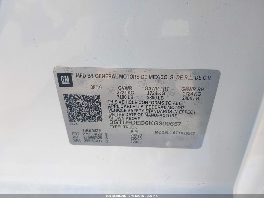 2019 Gmc SIERRA VIN 3GTU9DED6KG309657 IAAI salvage auction — FRONT END, Salvage (Oregon), sold $19,800 on 2026-08-27 (photo 9)