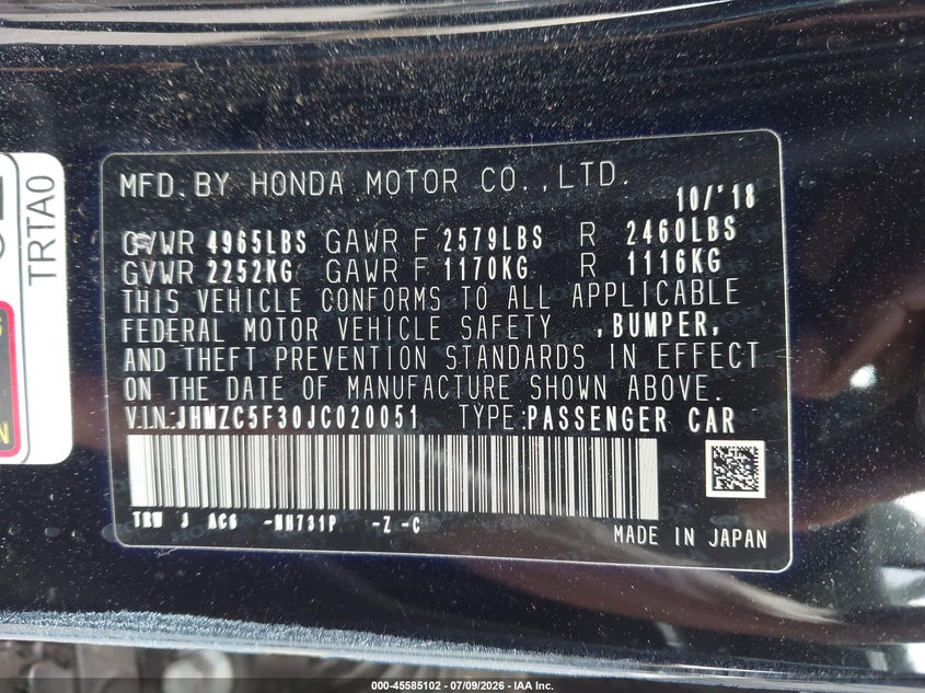 2018 Honda Clarity VIN JHMZC5F30JC020051 IAAI salvage auction — REAR END, Salvage (California), sold $5,225 on 2026-07-29 (photo 9)