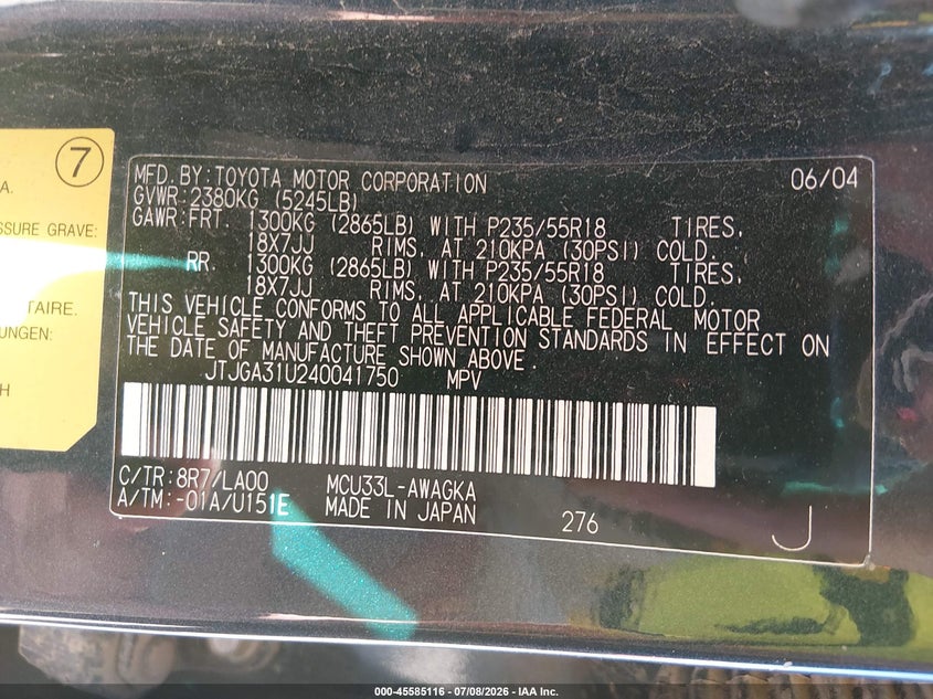 2004 Lexus Rx 330 VIN JTJGA31U240041750 IAAI salvage auction — NORMAL WEAR, Clear (Arkansas), sold $700 on 2026-07-30 (photo 9)