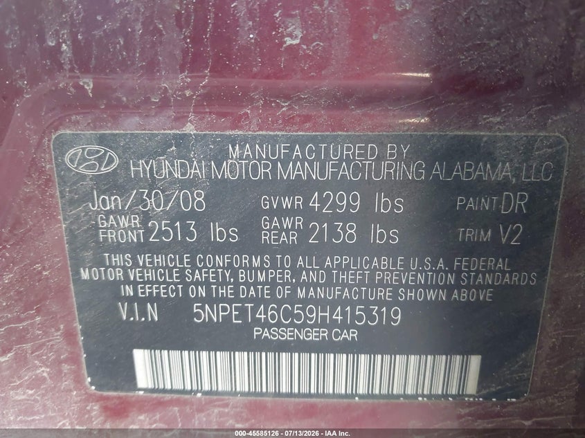 2009 Hyundai Sonata VIN 5NPET46C59H415319 IAAI salvage auction — REAR END, Mv-907A (New York), sold $650 on 2026-08-02 (photo 9)