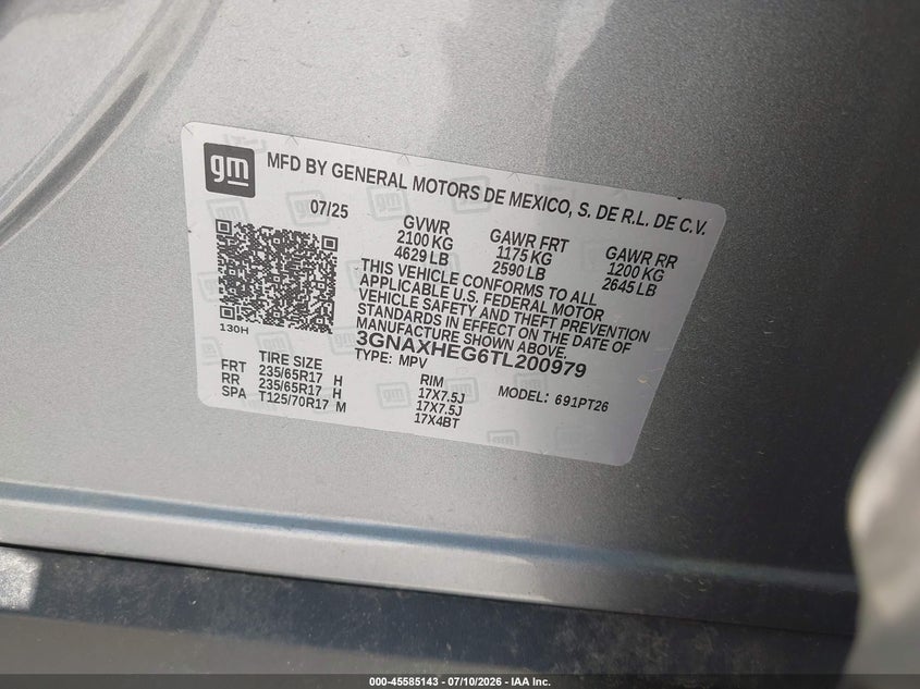2026 Chevrolet Equinox VIN 3GNAXHEG6TL200979 IAAI salvage auction — REAR END, Nrc Lienholder Repossession Paperwork (Texas), sold $10,900 on 2026-07-18 (photo 9)
