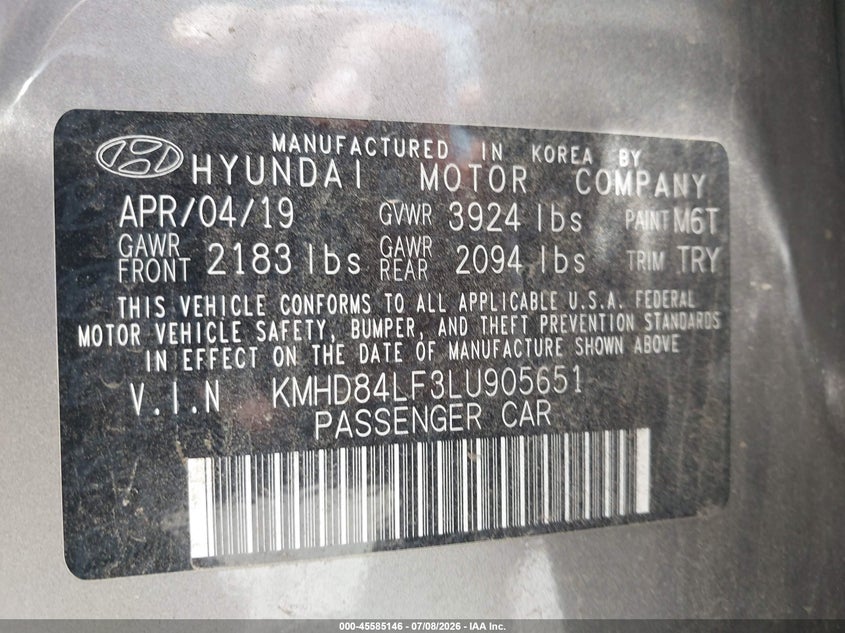 2020 Hyundai Elantra VIN KMHD84LF3LU905651 IAAI salvage auction — FRONT END, Salvage Title, sold $1,950 on 2026-07-15 (photo 9)