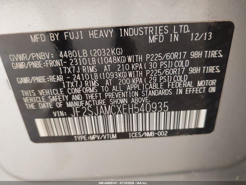 2014 Subaru Forester VIN JF2SJAMCXEH540935 IAAI salvage auction — NORMAL WEAR, Clear (Illinois), sold $25 on 2026-07-28 (photo 9)