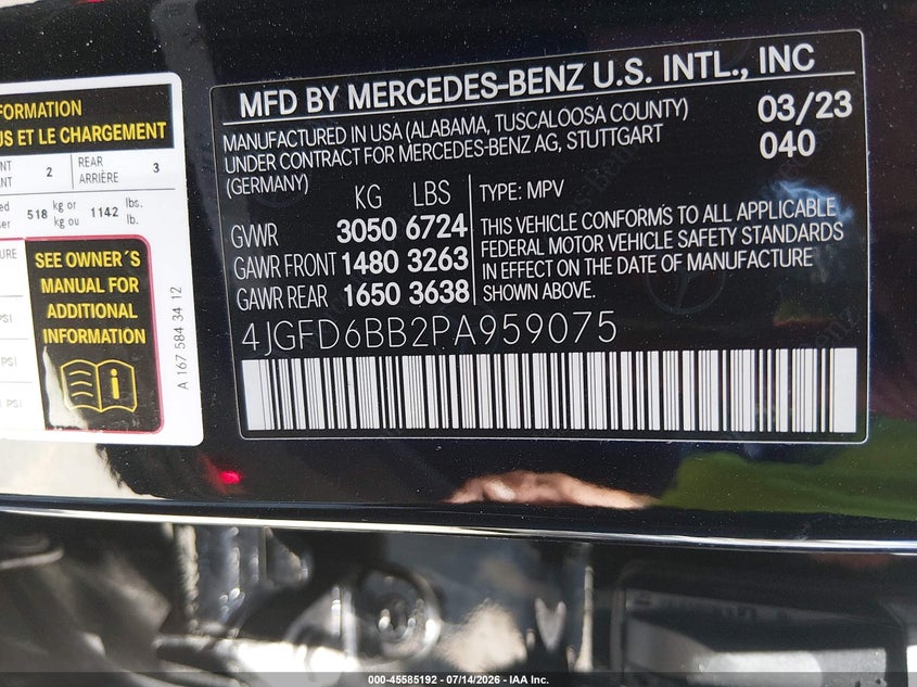 2023 Mercedes-benz Amg gle coupe VIN 4JGFD6BB2PA959075 IAAI salvage auction — LEFT REAR, Salvage Title, sold $41,400 on 2026-08-24 (photo 9)