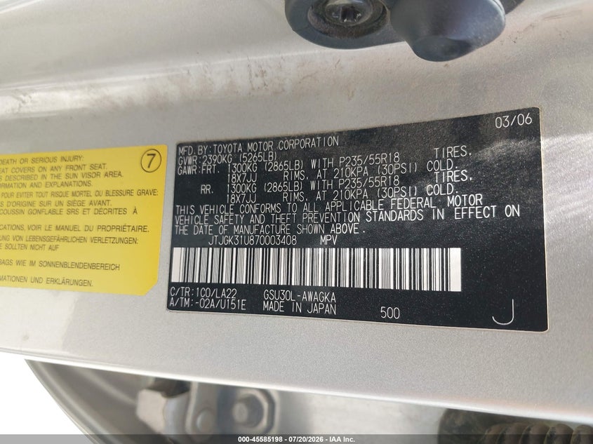 2007 Lexus Rx 350 VIN JTJGK31U870003408 IAAI salvage auction — NORMAL WEAR, App For Dup Clear (California), sold $625 on 2026-07-28 (photo 9)