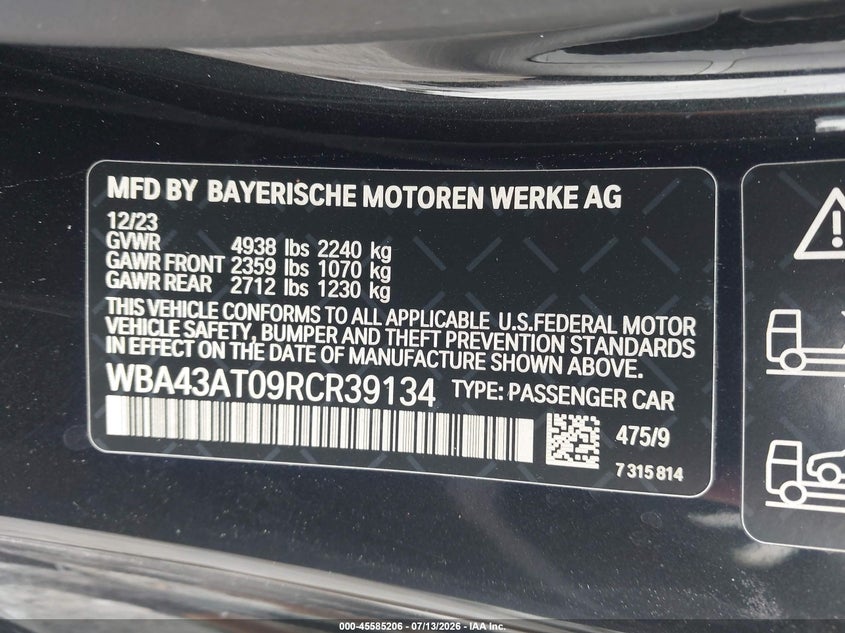 2024 BMW 4er VIN WBA43AT09RCR39134 IAAI salvage auction — LEFT FRONT, Salvage Title, sold $10,600 on 2026-07-30 (photo 9)