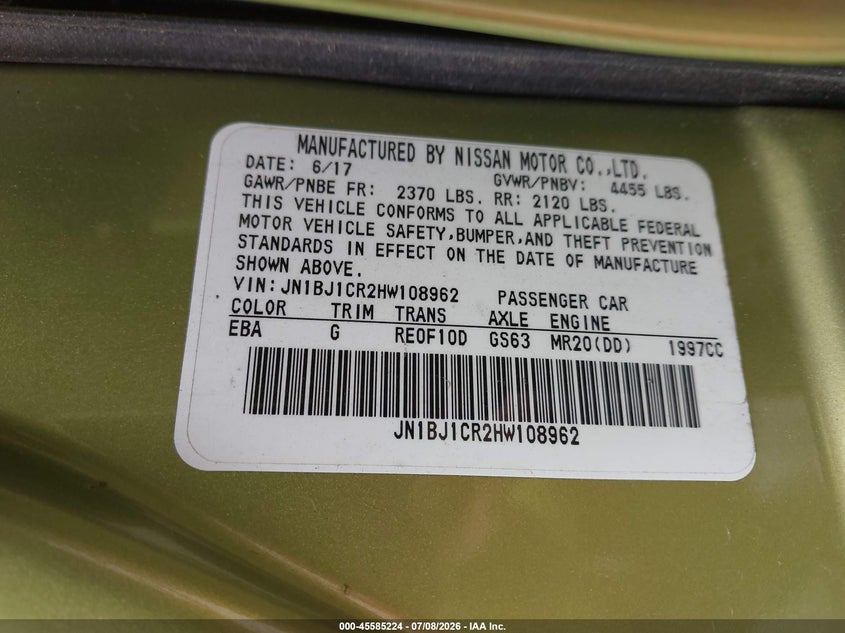 2017 Nissan Rogue VIN JN1BJ1CR2HW108962 IAAI salvage auction — NORMAL WEAR, Clear (Washington), sold $6,200 on 2026-07-15 (photo 9)