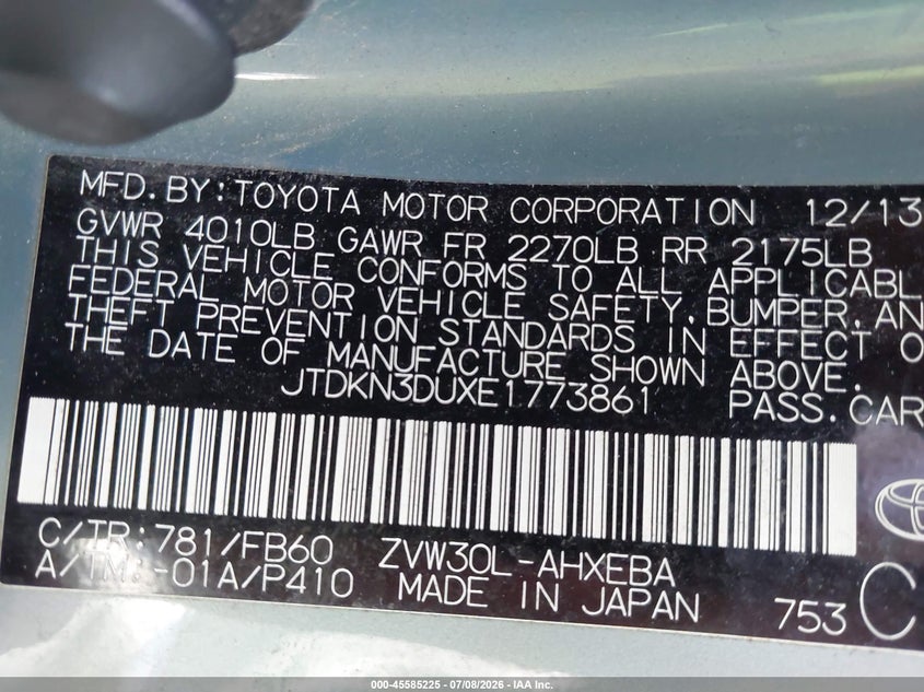 2014 Toyota Prius VIN JTDKN3DUXE1773861 IAAI salvage auction — NORMAL WEAR, Clear (North Carolina), sold $900 on 2026-07-30 (photo 9)
