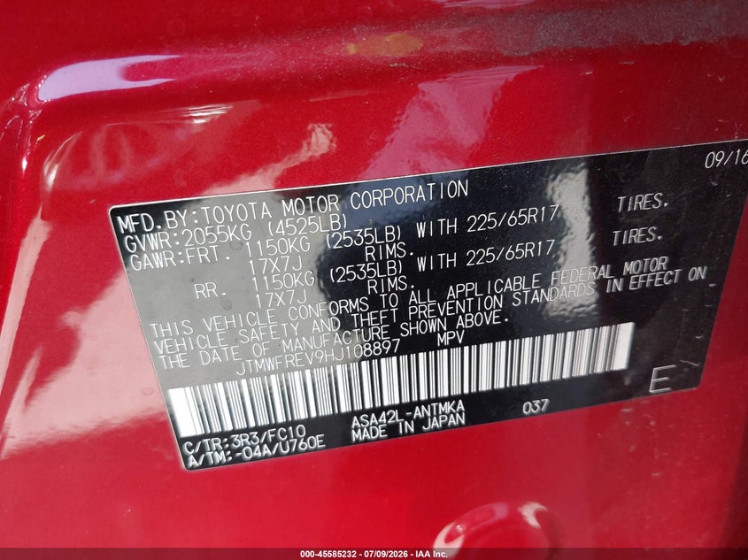 2017 Toyota Rav 4 VIN JTMWFREV9HJ108897 IAAI salvage auction — FRONT END, Salvage Certificate (California), sold $6,300 on 2026-07-22 (photo 9)