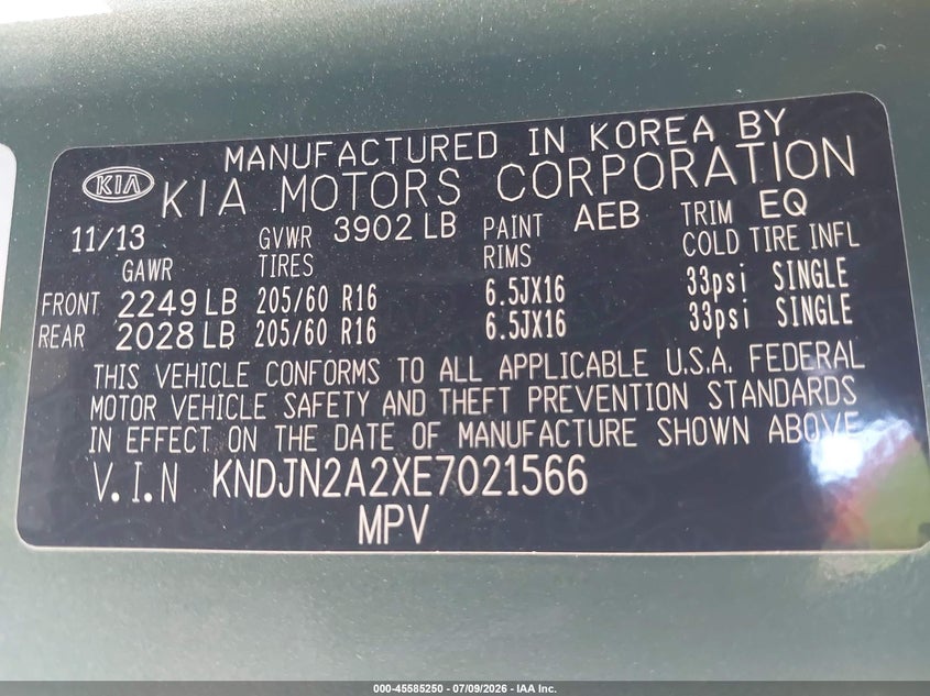 2014 Kia Soul VIN KNDJN2A2XE7021566 IAAI salvage auction — FRONT END, Salvage (California), sold $825 on 2026-07-29 (photo 9)