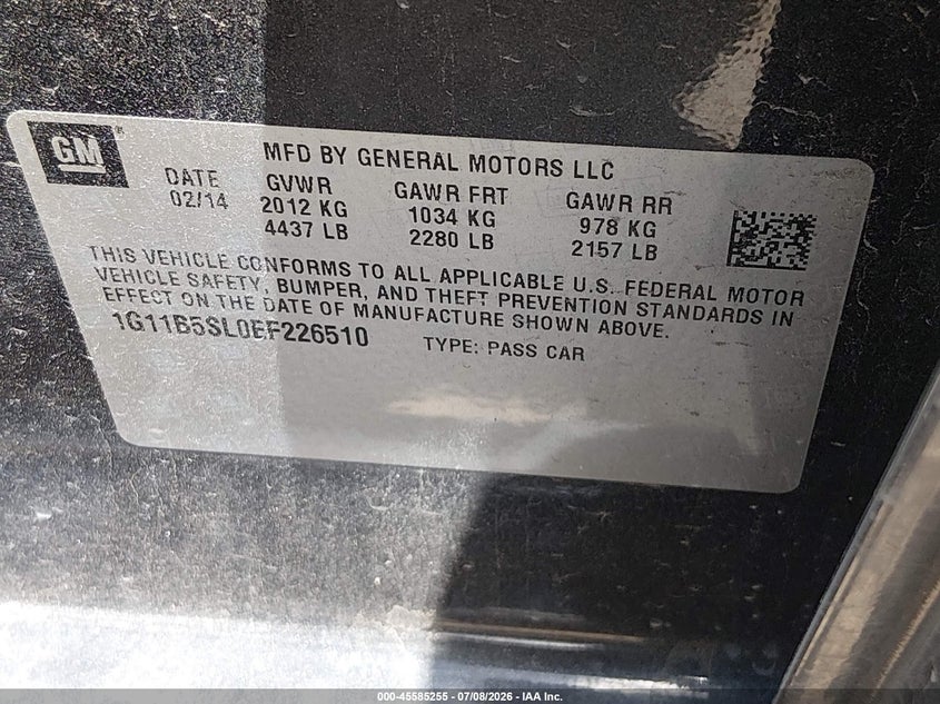 2014 Chevrolet Malibu VIN 1G11B5SL0EF226510 IAAI salvage auction — RIGHT SIDE, Salvage Title, sold $775 on 2026-08-24 (photo 9)