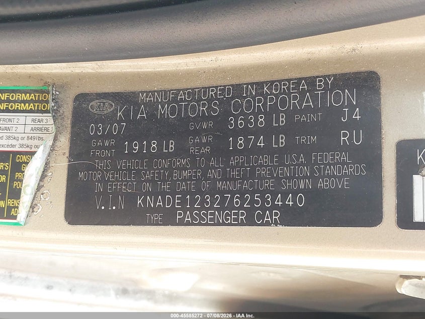 2007 Kia Rio VIN KNADE123276253440 IAAI salvage auction — RIGHT FRONT, Bill Of Sale (Washington), sold $425 on 2026-07-22 (photo 9)