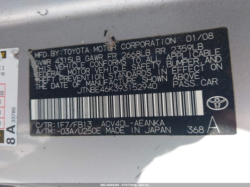 2009 Toyota Camry VIN JTNBE46K393152940 IAAI salvage auction — NORMAL WEAR, Clear (Hawaii), sold $225 on 2026-07-21 (photo 9)