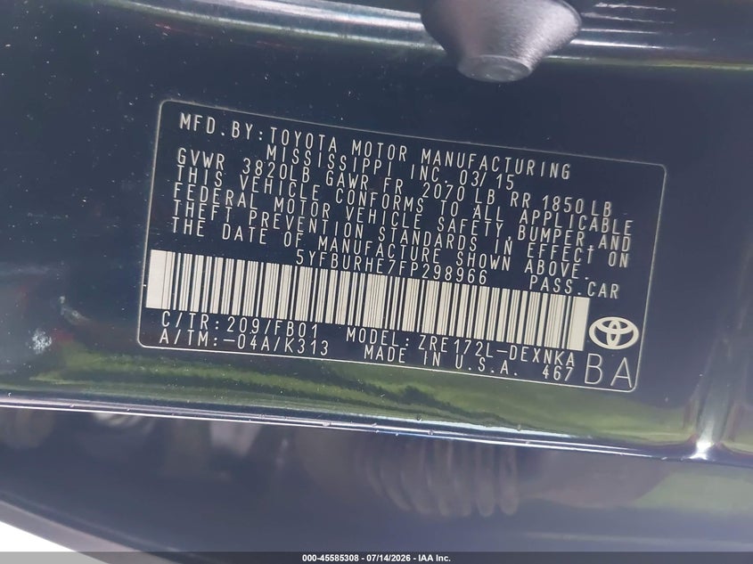 2015 Toyota Corolla VIN 5YFBURHE7FP298966 IAAI salvage auction — RIGHT SIDE, Salvage Title, sold $1,000 on 2026-08-14 (photo 9)