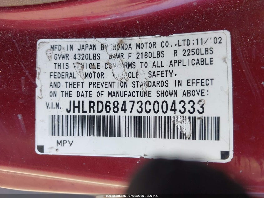 2003 Honda Cr-v VIN JHLRD68473C004333 IAAI salvage auction — LEFT SIDE, Clear - Dealer Only (California), sold $225 on 2026-07-29 (photo 9)