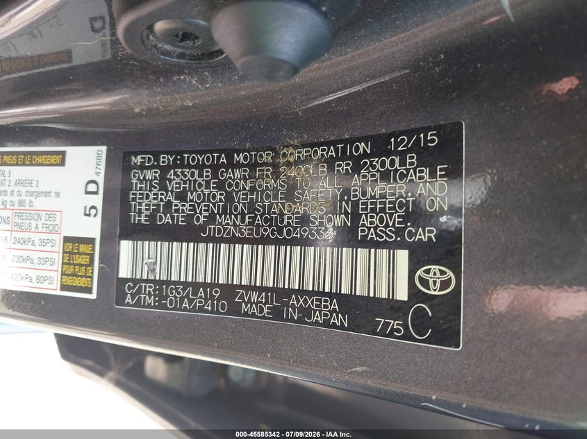 2016 Toyota Prius v VIN JTDZN3EU9GJ049336 IAAI salvage auction — NORMAL WEAR, Clear - Public Restricted (Oklahoma), sold $1,650 on 2026-07-15 (photo 9)