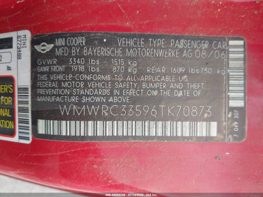2006 Mini Cooper VIN WMWRC33596TK70873 IAAI salvage auction — NORMAL WEAR, Clear (Hawaii), sold $100 on 2026-07-21 (photo 9)