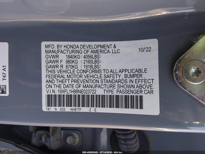 2022 Honda Civic VIN 19XFL1H88NE023722 IAAI salvage auction — REAR END, Salvage (Ohio), sold $9,275 on 2026-08-04 (photo 9)