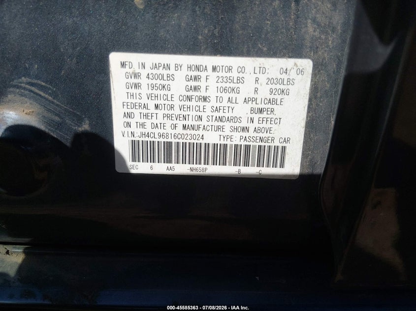 2006 Acura Tsx VIN JH4CL96816C023024 IAAI salvage auction — NORMAL WEAR, Clear-Dealer Only (Arizona), sold $525 on 2026-07-21 (photo 9)