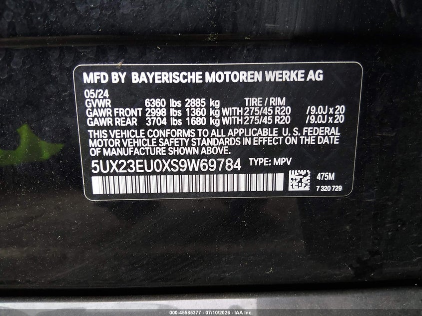 2025 BMW X5 VIN 5UX23EU0XS9W69784 IAAI salvage auction — NORMAL WEAR, Salvage (Pennsylvania), sold $37,250 on 2026-07-24 (photo 9)