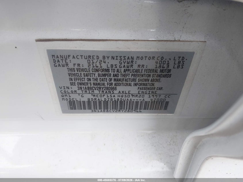 2024 Nissan Sentra VIN 3N1AB8CV2RY280966 IAAI salvage auction — ROOF, Wait Title, sold $2,450 on 2026-09-05 (photo 9)