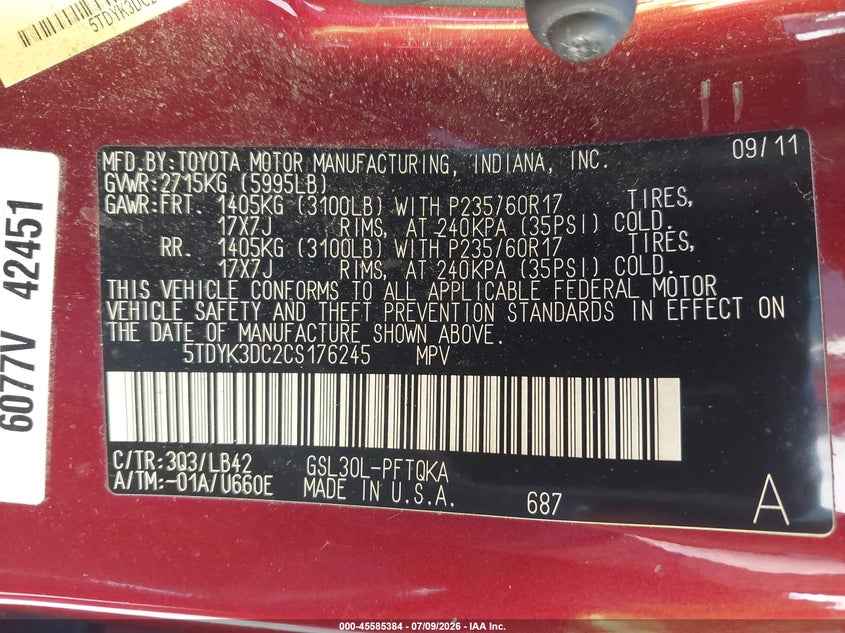 2012 Toyota Sienna VIN 5TDYK3DC2CS176245 IAAI salvage auction — NORMAL WEAR, Salvage Title, sold $25 on 2026-07-22 (photo 9)