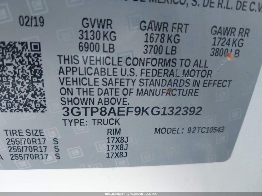 2019 Gmc SIERRA VIN 3GTP8AEF9KG132392 IAAI salvage auction — LEFT FRONT, Salvage Title, sold $10,500 on 2026-07-29 (photo 9)