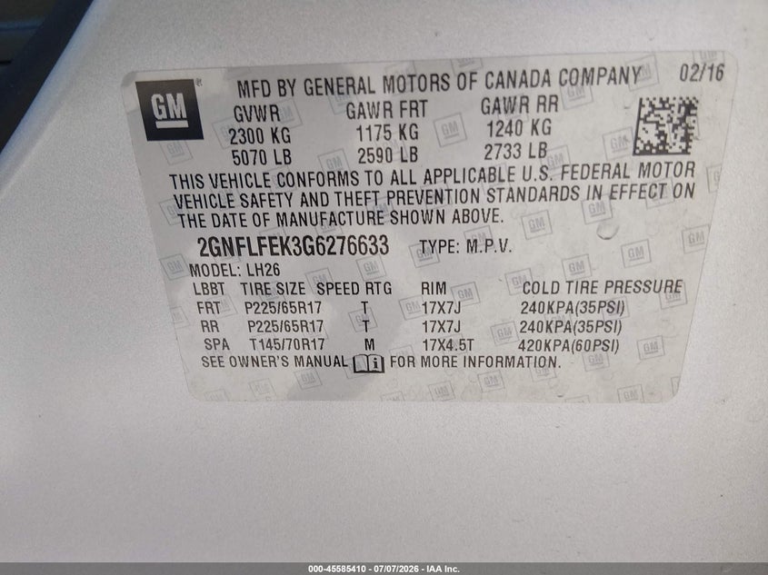 2016 Chevrolet Equinox VIN 2GNFLFEK3G6276633 IAAI salvage auction — NORMAL WEAR, Sf97 (California), sold $25 on 2026-07-30 (photo 9)
