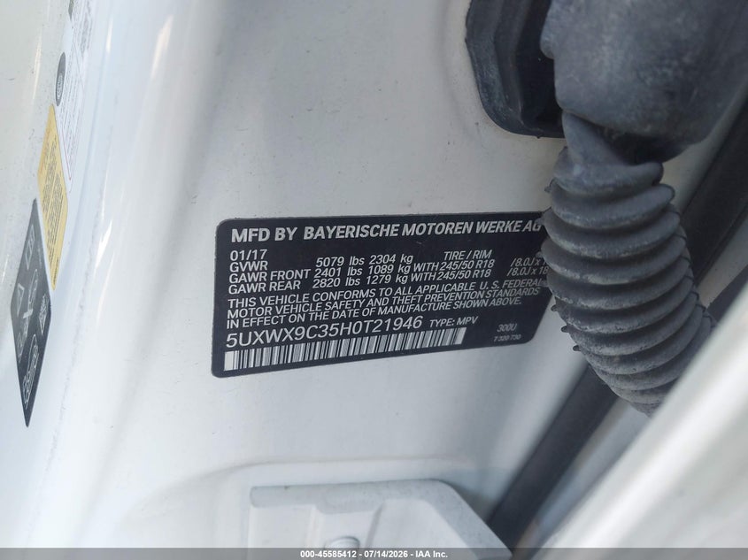 2017 BMW X3 VIN 5UXWX9C35H0T21946 IAAI salvage auction — ALL OVER, Wait Title, sold $1,975 on 2026-09-05 (photo 9)