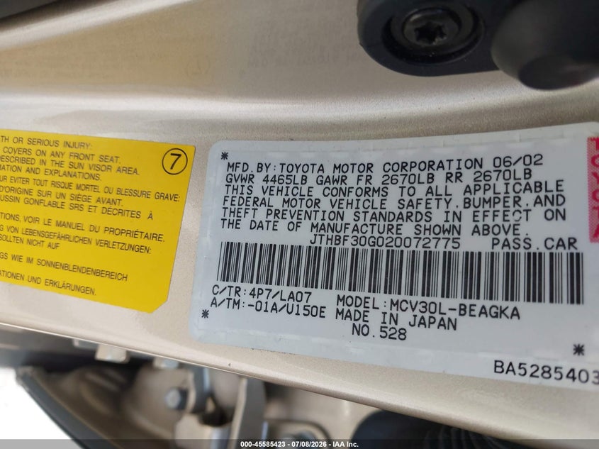 2002 Lexus ES VIN JTHBF30G020072775 IAAI salvage auction — FRONT END, Salvage (Texas), sold $1,400 on 2026-07-28 (photo 9)