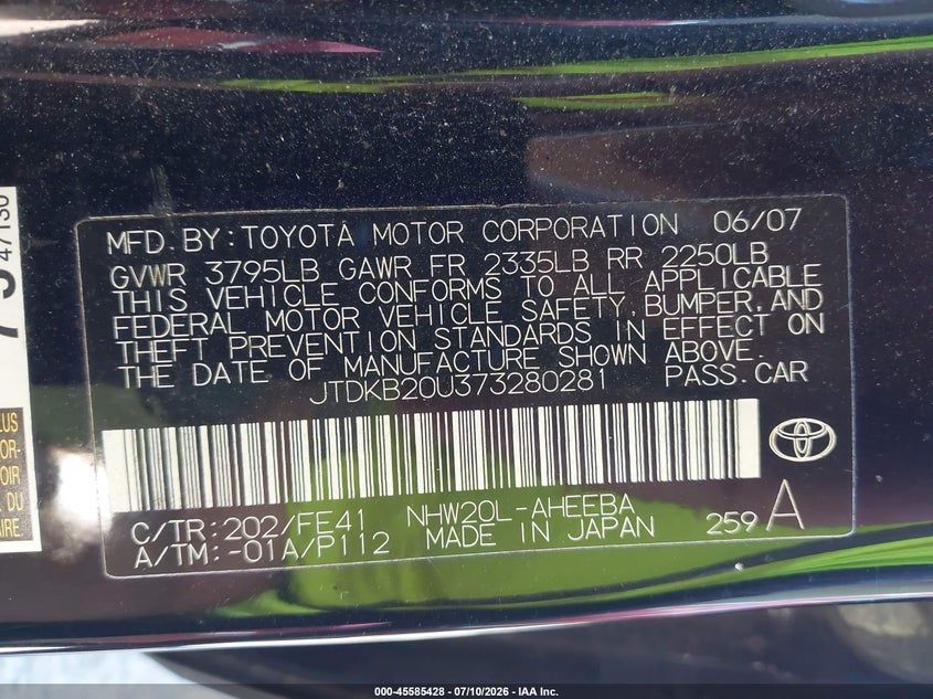 2007 Toyota Prius VIN JTDKB20U373280281 IAAI salvage auction — RIGHT SIDE, Bill Of Sale (Washington), sold $775 on 2026-07-29 (photo 9)