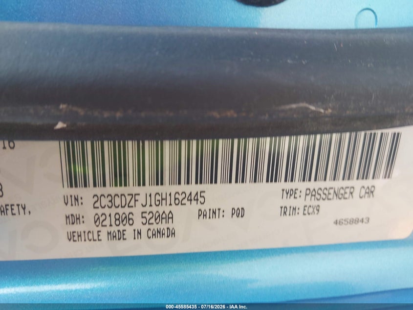 2016 Dodge Challenger VIN 2C3CDZFJ1GH162445 IAAI salvage auction — THEFT, Salvage (Kansas), sold $3,300 on 2026-07-20 (photo 9)