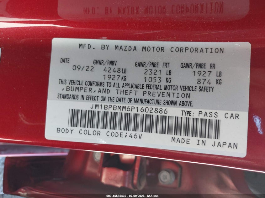 2023 Mazda 3 VIN JM1BPBMM6P1602886 IAAI salvage auction — UNDERCARRIAGE, Salvage (California), sold $5,725 on 2026-07-30 (photo 9)