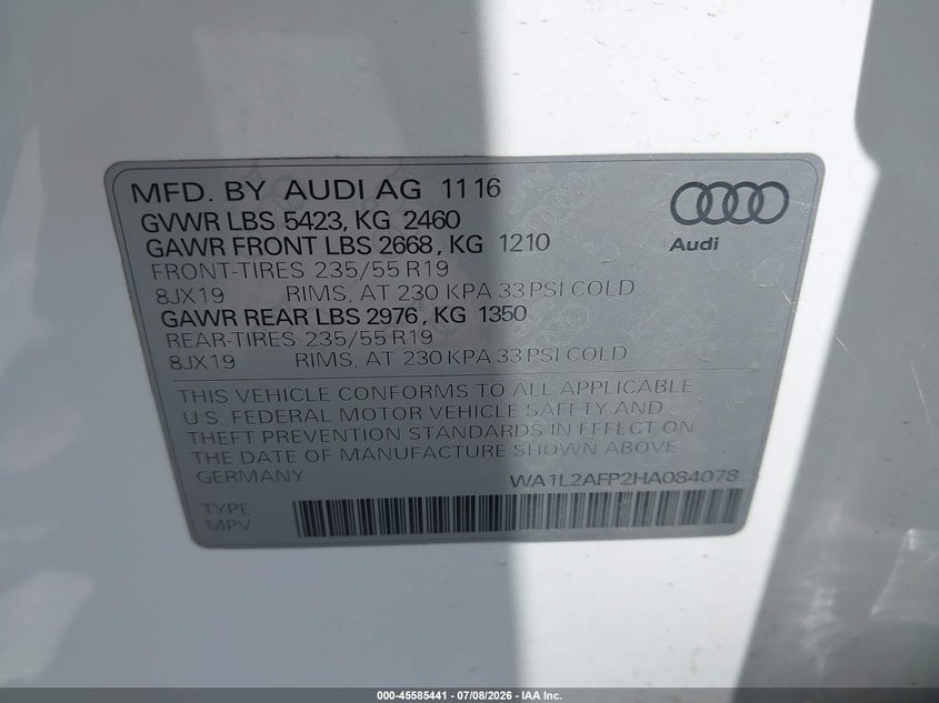 2017 Audi Q5 VIN WA1L2AFP2HA084078 IAAI salvage auction — NORMAL WEAR, Clear - Dealer Only (California), sold $3,150 on 2026-07-30 (photo 9)