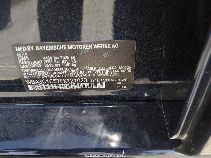 2015 BMW 3er VIN WBA3C1C57FK121023 IAAI salvage auction — FRONT END, Salvage Title, sold $2,000 on 2026-07-20 (photo 9)